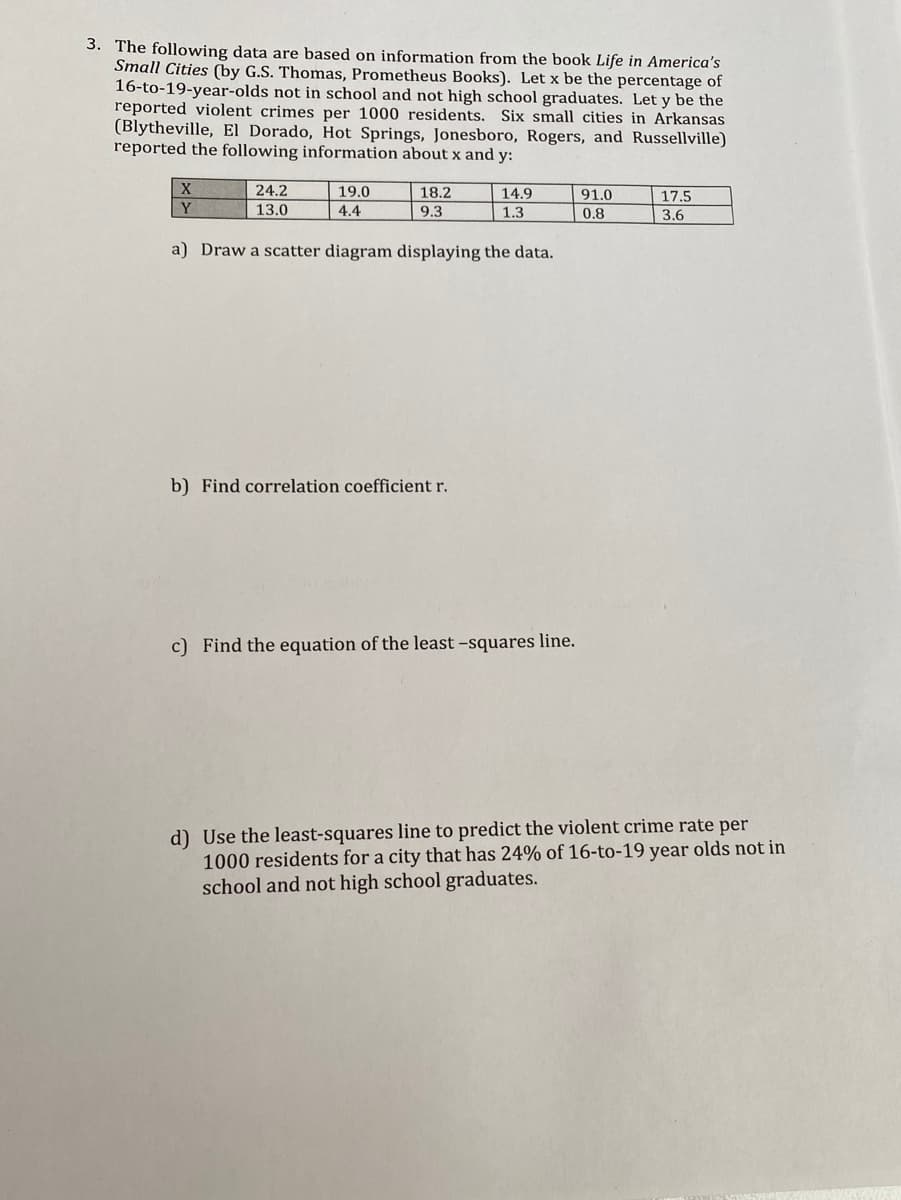 3. The following data are based on information from the book Life in America's
Small Cities (by G.S. Thomas, Prometheus Books). Let x be the percentage of
16-to-19-year-olds not in school and not high school graduates. Let y be the
reported violent crimes per 1000 residents. Six small cities in Arkansas
(Blytheville, El Dorado, Hot Springs, Jonesboro, Rogers, and Russellville)
reported the following information about x and y:
24.2
19.0
18.2
14.9
91.0
17.5
Y
13.0
4.4
9.3
1.3
0.8
3.6
a) Draw a scatter diagram displaying the data.
b) Find correlation coefficient r.
c) Find the equation of the least -squares line.
d) Use the least-squares line to predict the violent crime rate per
1000 residents for a city that has 24% of 16-to-19 year olds not in
school and not high school graduates.
