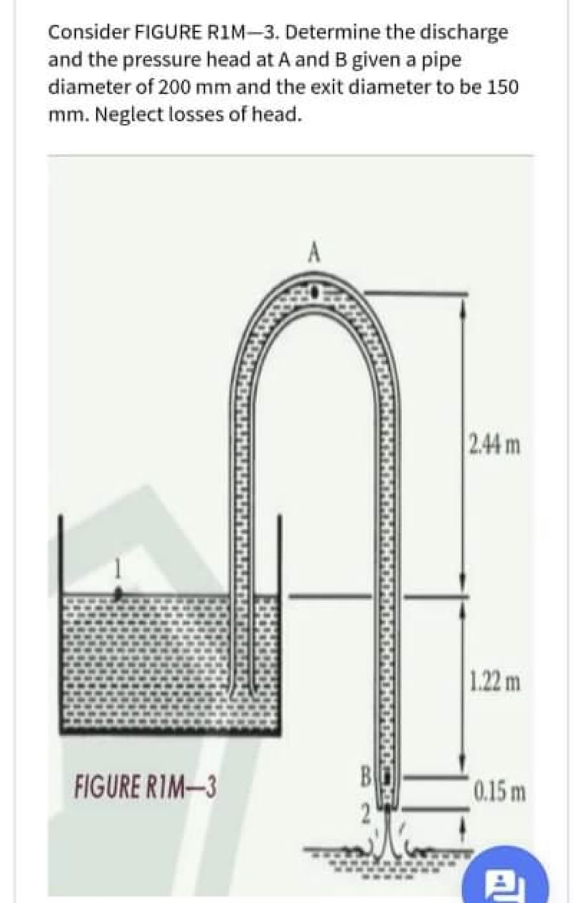 Consider FIGURE RIM-3. Determine the discharge
and the pressure head at A and B given a pipe
diameter of 200 mm and the exit diameter to be 150
mm. Neglect losses of head.
2.44 m
1.22 m
FIGURE RIM-3
B
0.15 m
