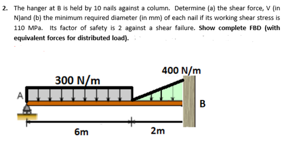 2. The hanger at B is held by 10 nails against a column. Determine (a) the shear force, V (in
N)and (b) the minimum required diameter (in mm) of each nail if its working shear stress is
110 MPa. Its factor of safety is 2 against a shear failure. Show complete FBD (with
equivalent forces for distributed load).
400 N/m
300 N/m
A
В
6m
2m
