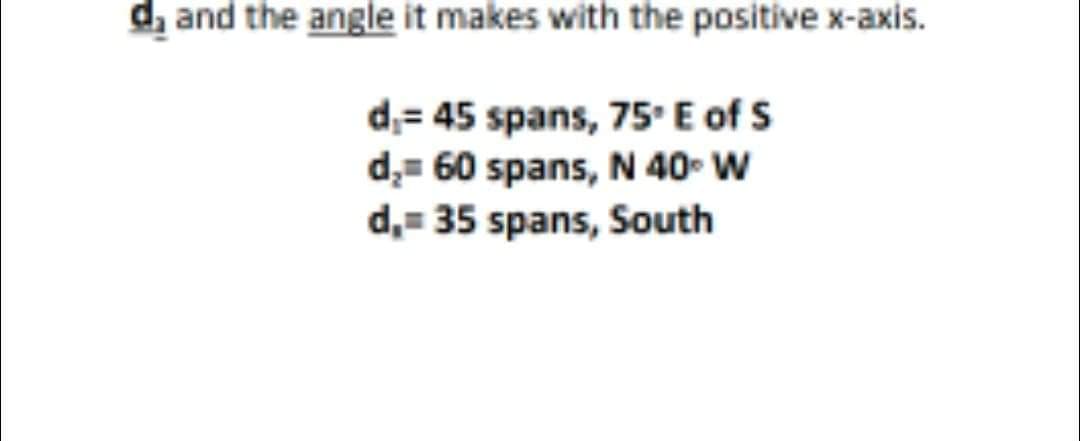 d, and the angle it makes with the positive x-axis.
d,= 45 spans, 75° E of S
d,= 60 spans, N 40- W
d,= 35 spans, South
