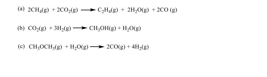 (a) 2CH4(g) +2CO2(g)
C2H4(g) + 2H20(g) +2CO (g)
(b) CO2(g) + 3H2(g) → CH3OH(g) + H2O(g)
(c) CH;OCH3(g) +H20(g) → 2CO(g) + 4H2(g)
