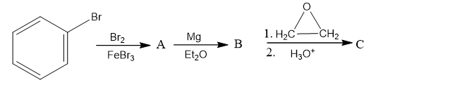 Br
1. НаС
B
CH2
Br2
Mg
А
FeBr3
Et,0
2.
H3O*
