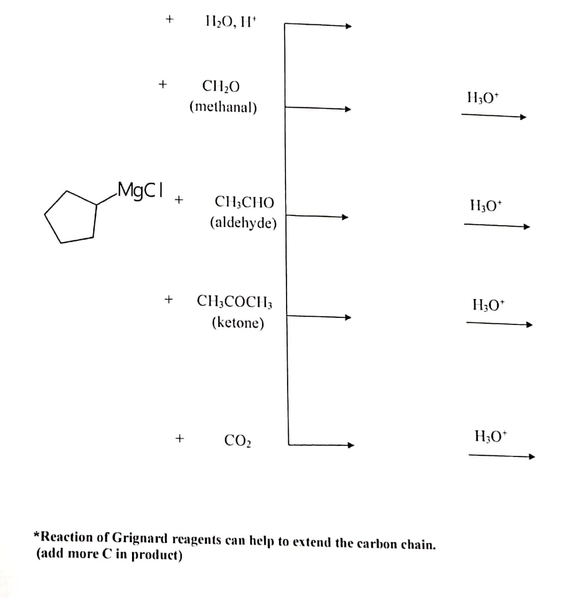 +
CH20
H;O*
(methanal)
+
CH;CHO
H3O*
(aldehyde)
+
CH;COCH3
H;O*
(ketone)
CO2
+
*Reaction of Grignard reagents can help to extend the carbon chain.
(add more C in product)

