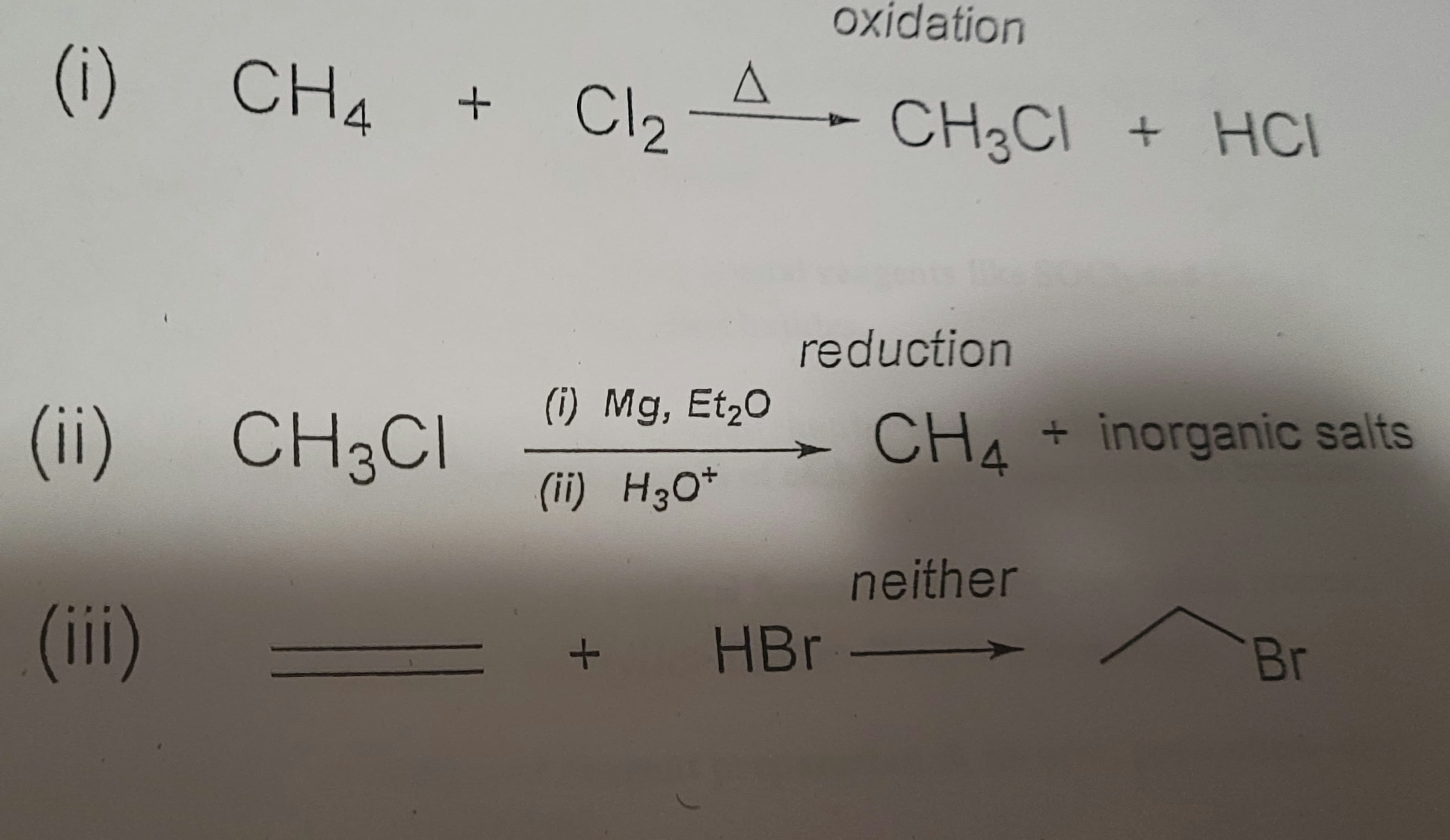 (1) CH₂
(ii) CH3C
(iii)
+
C1₂
A
(i) Mg, Et₂O
(ii) H3O+
oxidation
CH3Cl + HCI
reduction
CH4 + inorganic salts
neither
+ HBr -
Br