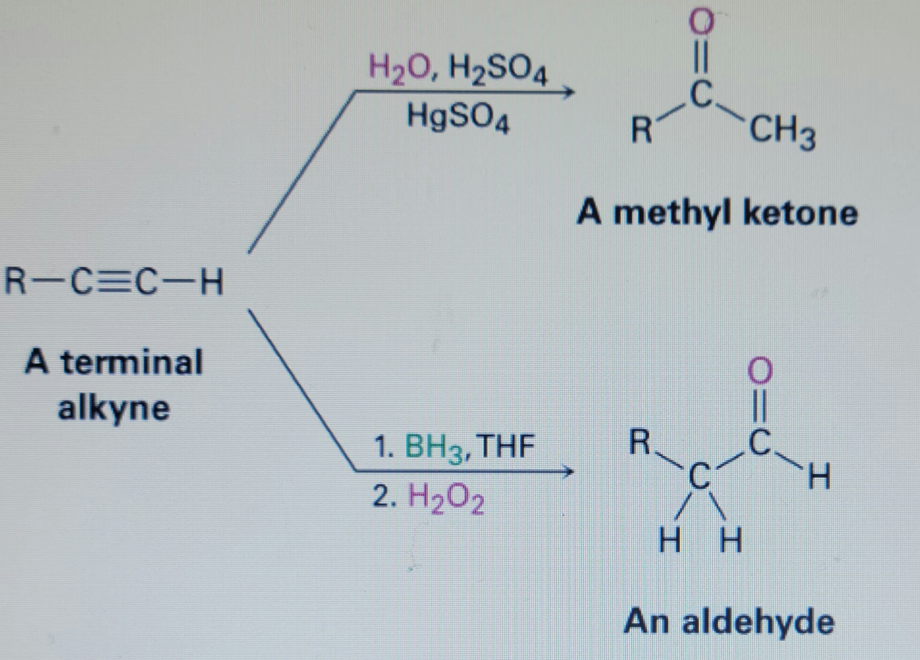 H2O, H2SO4
H9SO4
R
CH3
A methyl ketone
R-C C-H
A terminal
alkyne
1. ВНз, ТHF
H.
2. Н2О2
H H
An aldehyde
C.
