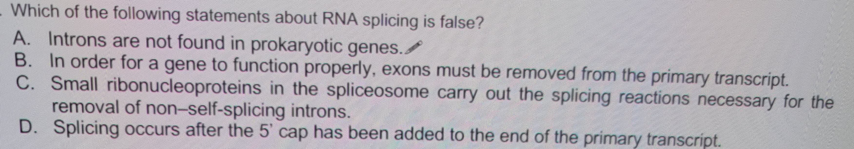 Which of the following statements about RNA splicing is false?
A. Introns are not found in prokaryotic genes./
B. In order for a gene to function properly, exons must be removed from the primary transcript.
C. Small ribonucleoproteins in the spliceosome carry out the splicing reactions necessary for the
removal of non-self-splicing introns.
D.
Splicing occurs after the 5' cap has been added to the end of the primary transcript.