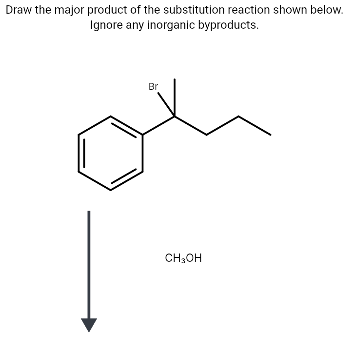 Draw the major product of the substitution reaction shown below.
Ignore any inorganic byproducts.
Br
CH3OH
