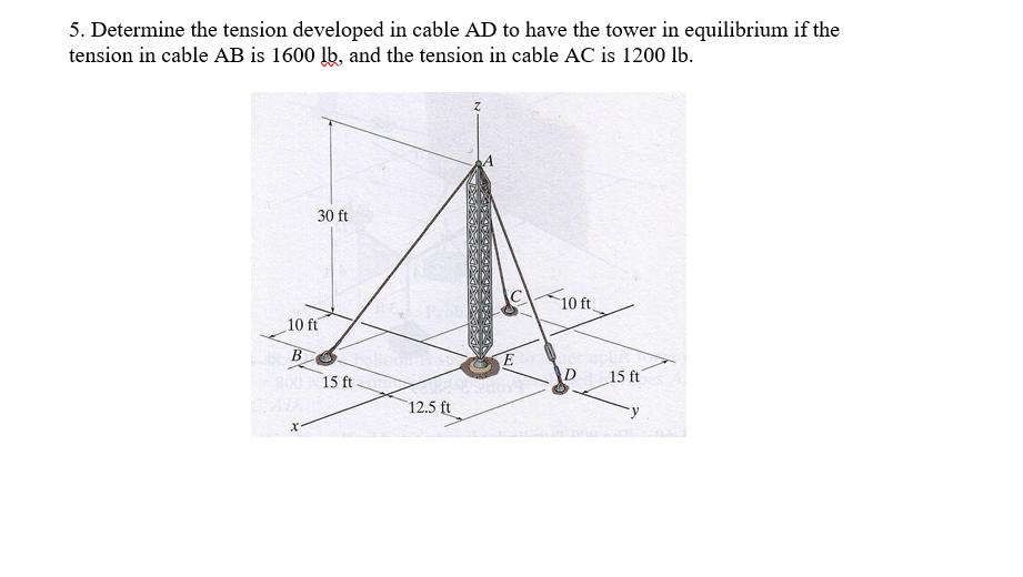 5. Determine the tension developed in cable AD to have the tower in equilibrium if the
tension in cable AB is 1600 lb, and the tension in cable AC is 1200 lb.
30 ft
10 ft
10 ft
В
15 ft
15 ft
12.5 ft
