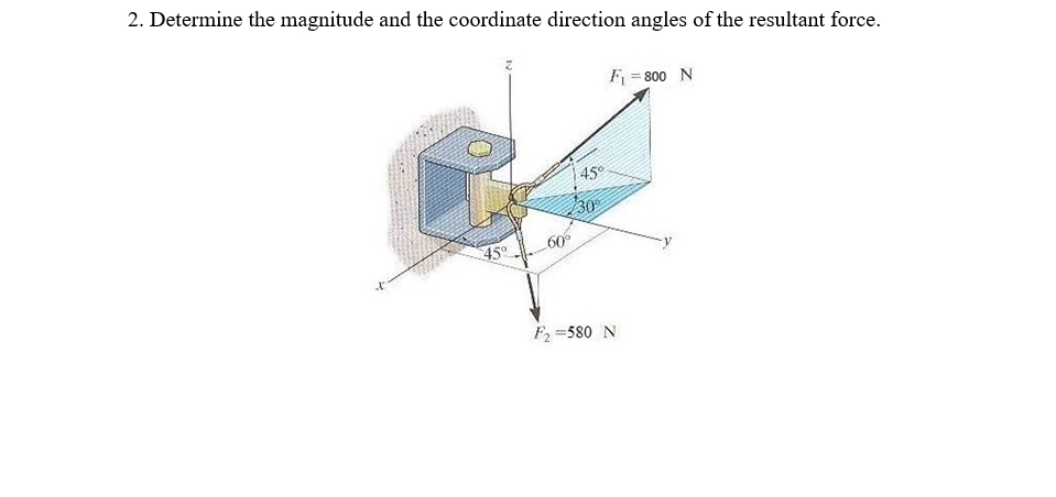 2. Determine the magnitude and the coordinate direction angles of the resultant force.
F = 800 N
45°
30
45°
60
F2 =580 N
