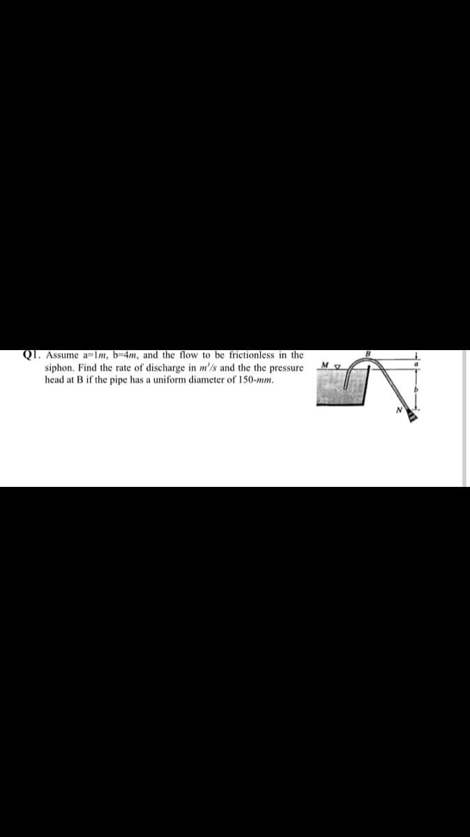 Q1. Assume a=1m, b=4m, and the flow to be frictionless in the
siphon. Find the rate of discharge in m'/s and the the pressure
head at B if the pipe has a uniform diameter of 150-mm.
M
