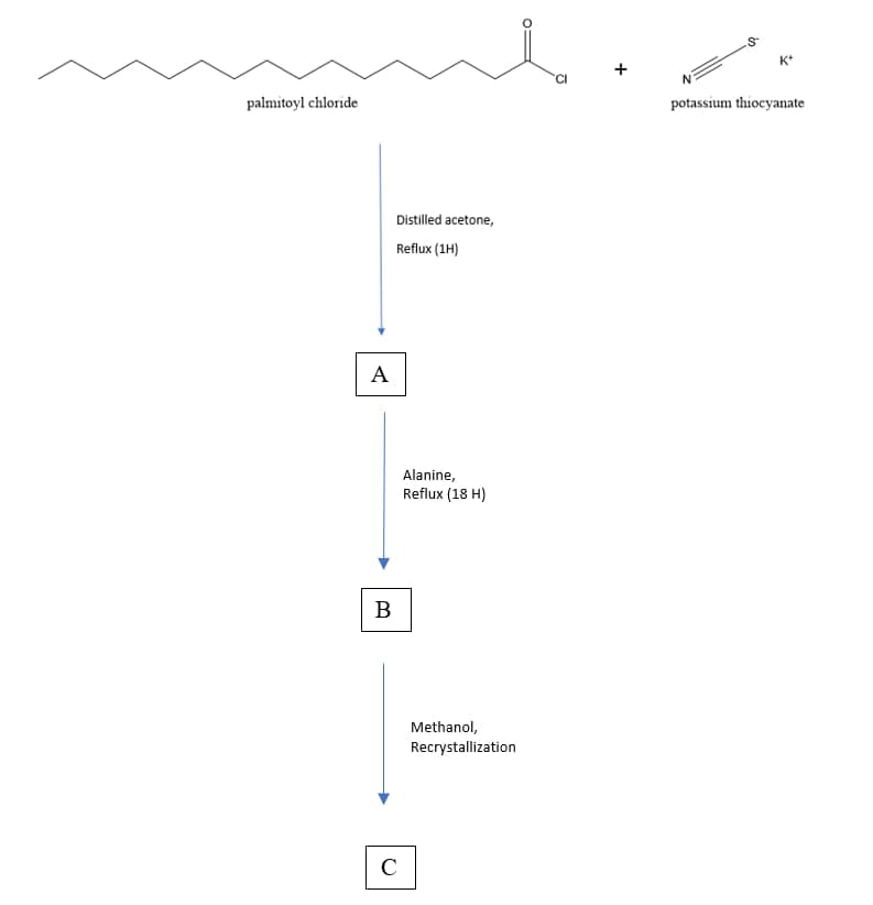 palmitoyl chloride
A
B
lim
S
CI
Distilled acetone,
Reflux (1H)
C
Alanine,
Reflux (18 H)
Methanol,
Recrystallization
K+
potassium thiocyanate