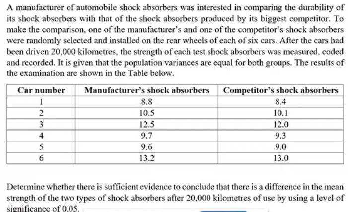 A manufacturer of automobile shock absorbers was interested in comparing the durability of
its shock absorbers with that of the shock absorbers produced by its biggest competitor. To
make the comparison, one of the manufacturer's and one of the competitor's shock absorbers
were randomly selected and installed on the rear wheels of each of six cars. After the cars had
been driven 20,000 kilometres, the strength of each test shock absorbers was measured, coded
and recorded. It is given that the population variances are equal for both groups. The results of
the examination are shown in the Table below.
Manufacturer's shock absorbers
Car number
1
8.8
Competitor's shock absorbers
8.4
10.1
2
10.5
3
12.5
12.0
4
9.7
9.3
5
9.6
9.0
6
13.2
13.0
Determine whether there is sufficient evidence to conclude that there is a difference in the mean
strength of the two types of shock absorbers after 20,000 kilometres of use by using a level of
significance of 0.05.