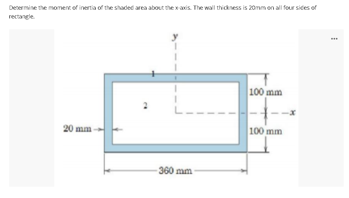Determine the moment of inertia of the shaded area about the x-axis. The wall thickness is 20mm on all four sides of
rectangle.
...
100 mm
20 mm
100 mm
360 mm
