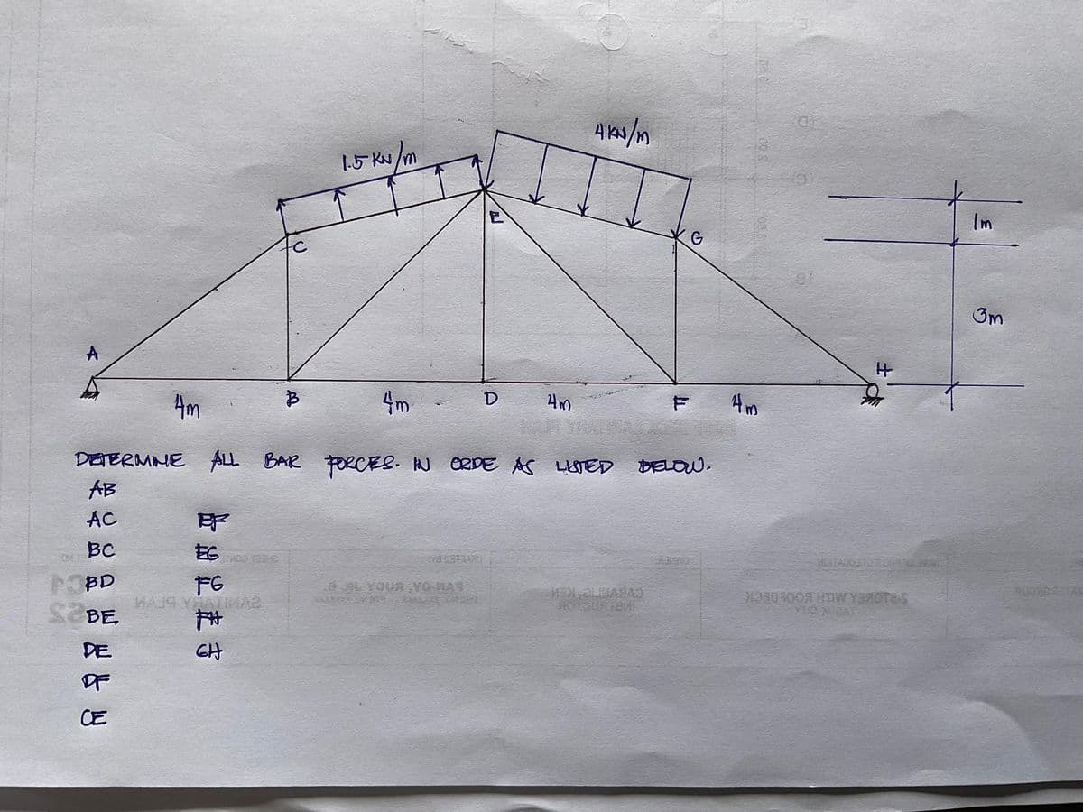 1.5 KN/m
Im
G
3m
A
Am
4m
D
DETERMNE ALL BAR FORCES. N ORDE AS LETED DELOW.
AB
AC
BC
EG
FOBD
L YOUR YO HAS
MAJA YATIA2
SBE.
DE
CH
CE
