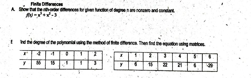 Finite Differences
A Show that the nth-order differences for given function of degree n are nonzero and constant.
flx) =x+x-3
E
Ind the degree of the polynomlal using the method of finite difference. Then find the equation using matrices.
-2
-1
2
2
3
4
y
55
15
·1
1
y
15
22
21
6
-29

