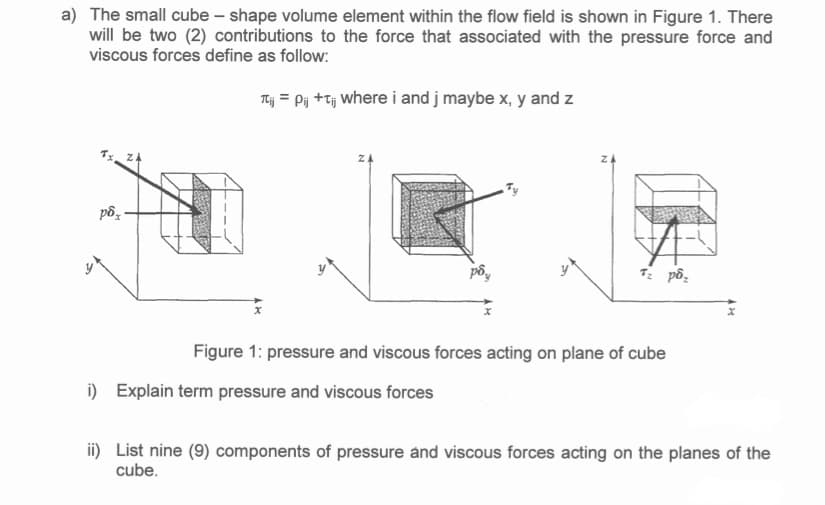 a) The small cube – shape volume element within the flow field is shown in Figure 1. There
will be two (2) contributions to the force that associated with the pressure force and
viscous forces define as follow:
Tej = Pi +tj where i and j maybe x, y and z
Z4
pôz
pô,
Figure 1: pressure and viscous forces acting on plane of cube
i) Explain term pressure and viscous forces
ii) List nine (9) components of pressure and viscous forces acting on the planes of the
cube.
