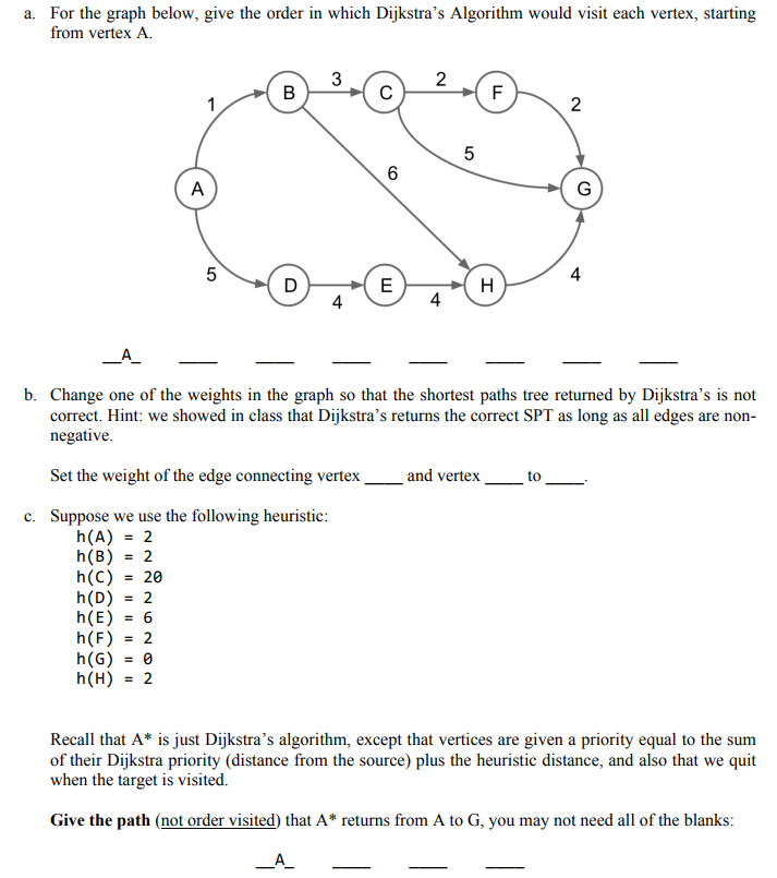a. For the graph below, give the order in which Dijkstra’s Algorithm would visit each vertex, starting
from vertex A.
3
2
B
F
A
G
4
( E
4
D
H
4
b. Change one of the weights in the graph so that the shortest paths tree returned by Dijkstra's is not
correct. Hint: we showed in class that Dijkstra’s returns the correct SPT as long as all edges are non-
negative.
Set the weight of the edge connecting vertex .
and vertex
to
c. Suppose we use the following heuristic:
h(A) = 2
h(B) = 2
h(C) = 20
h(D) = 2
h(E) = 6
h(F) = 2
h(G) = 0
2
%3D
h(H)
%3D
Recall that A* is just Dijkstra’s algorithm, except that vertices are given a priority equal to the sum
of their Dijkstra priority (distance from the source) plus the heuristic distance, and also that we quit
when the target is visited.
Give the path (not order visited) that A* returns from A to G, you may not need all of the blanks:
_A_
2.

