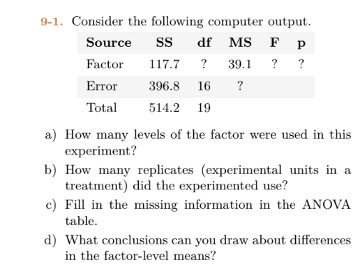 9-1. Consider the following computer output.
Source SS df MS F p
Factor
117.7
? 39.1 ? ?
Error
396.8 16
?
Total
514.2 19
a) How many levels of the factor were used in this
experiment?
b) How many replicates (experimental units in a
treatment) did the experimented use?
c) Fill in the missing information in the ANOVA
table.
d) What conclusions can you draw about differences
in the factor-level means?
