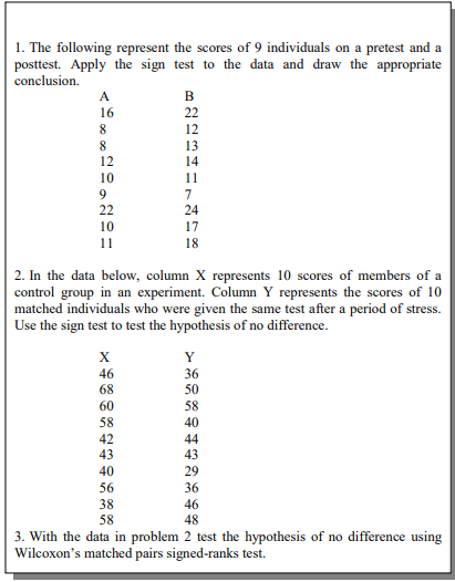 1. The following represent the scores of 9 individuals on a pretest and a
posttest. Apply the sign test to the data and draw the appropriate
conclusion.
A
в
16
22
12
13
14
8
8
12
10
11
9
7
22
24
10
17
11
18
2. In the data below, column X represents 10 scores of members of a
control group in an experiment. Column Y represents the scores of 10
matched individuals who were given the same test after a period of stress.
Use the sign test to test the hypothesis of no difference.
Y
46
36
68
50
60
58
58
40
42
44
43
43
40
29
56
36
38
46
58
48
3. With the data in problem 2 test the hypothesis of no difference using
Wilcoxon's matched pairs signed-ranks test.
