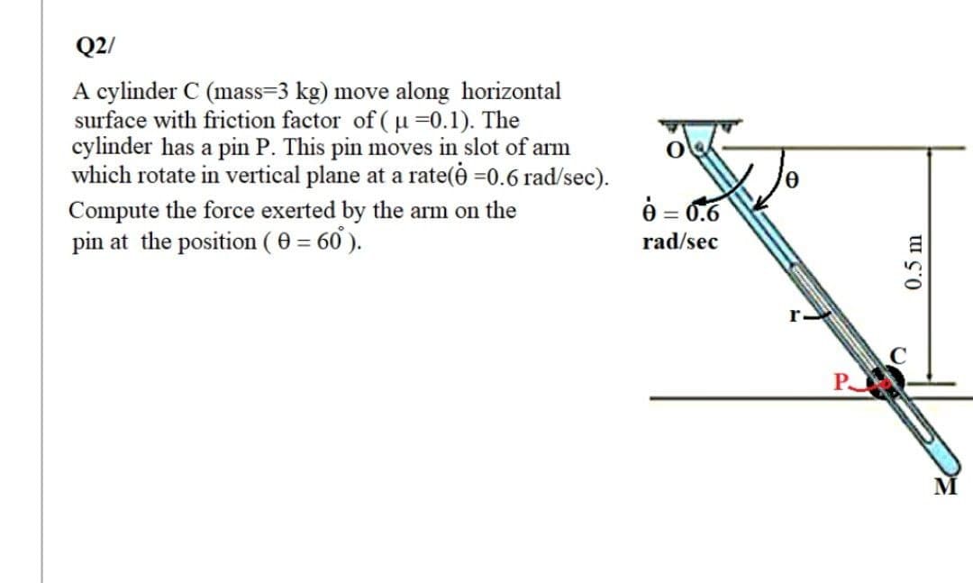 Q2/
A cylinder C (mass=3 kg) move along horizontal
surface with friction factor of ( u =0.1). The
cylinder has a pin P. This pin moves in slot of arm
which rotate in vertical plane at a rate(ė =0.6 rad/sec).
Compute the force exerted by the arm on the
pin at the position ( 0 = 60 ).
è = 0.6
rad/sec
M
0.5 m
