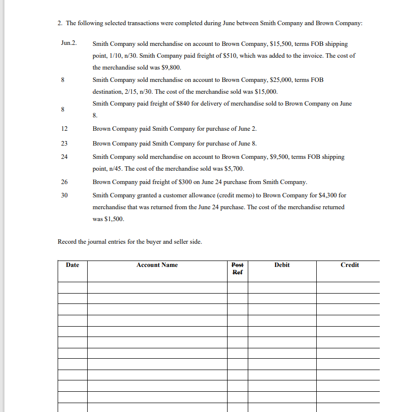 2. The following selected transactions were completed during June between Smith Company and Brown Company:
Jun.2.
8
8
12
23
24
26
30
Smith Company sold merchandise on account to Brown Company, $15,500, terms FOB shipping
point, 1/10, n/30. Smith Company paid freight of $510, which was added to the invoice. The cost of
the merchandise sold was $9,800.
Date
Smith Company sold merchandise on account to Brown Company, $25,000, terms FOB
destination, 2/15, n/30. The cost of the merchandise sold was $15,000.
Smith Company paid freight of $840 for delivery of merchandise sold to Brown Company on June
8.
Brown Company paid Smith Company for purchase of June 2.
Brown Company paid Smith Company for purchase of June 8.
Smith Company sold merchandise on account to Brown Company, $9,500, terms FOB shipping
point, n/45. The cost of the merchandise sold was $5,700.
Brown Company paid freight of $300 on June 24 purchase from Smith Company.
Smith Company granted a customer allowance (credit memo) to Brown Company for $4,300 for
merchandise that was returned from the June 24 purchase. The cost of the merchandise returned
was $1,500.
Record the journal entries for the buyer and seller side.
Account Name
Post
Ref
Debit
Credit