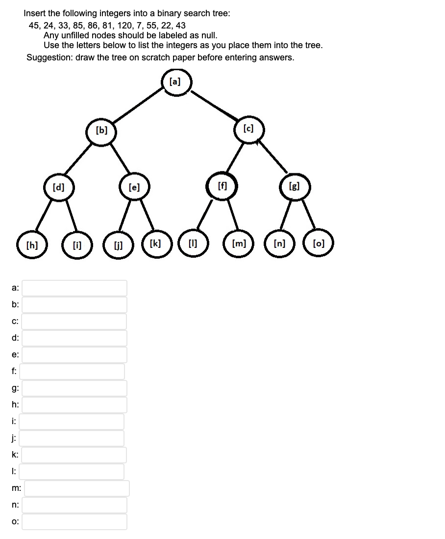 Insert the following integers into a binary search tree:
45, 24, 33, 85, 86, 81, 120, 7, 55, 22, 43
Any unfilled nodes should be labeled as null.
Use the letters below to list the integers as you place them into the tree.
Suggestion: draw the tree on scratch paper before entering answers.
[a]
[b]
[c]
[d]
[e]
[f]
[g]
[h]
[i]
[k]
[1]
[m]
[n]
[0]
a:
b:
c:
d:
e:
f:
g:
h:
i:
j:
k:
1:
m:
n:
o:
