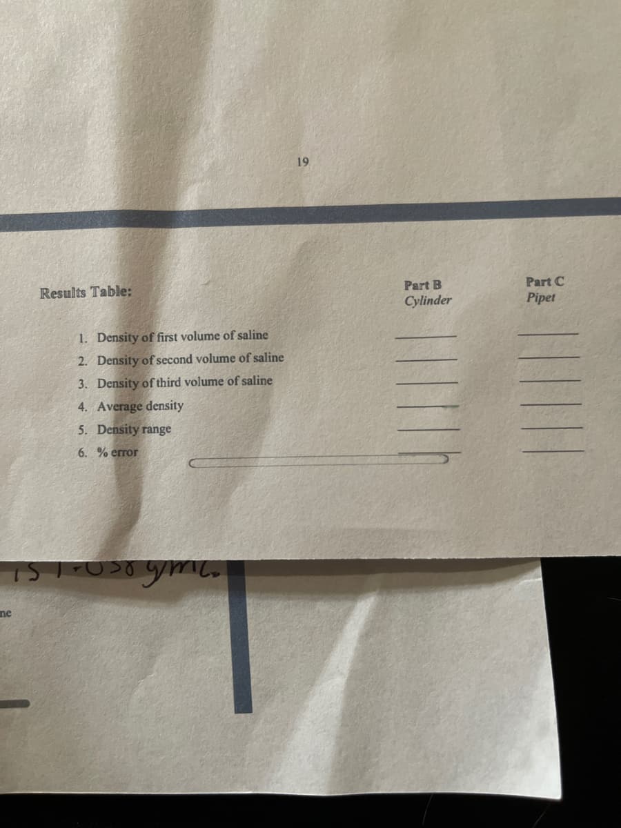 19
Results Table:
Part B
Part C
Cylinder
Pipet
1. Density of first volume of saline
2. Density of second volume of saline
3. Density of third volume of saline
4. Average density
5. Density range
6. % error
ne
