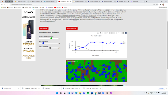 • ILI
+ + C bielogimations.com/compete
Community loolo x lanace Compet x Ntogo M
Competion o x G bamace compet xb Suco Confima x
Anewend oepxb Arered ant toxO Meenger
E Apps
Ma M Gmal
Menge
to eding li
In this simulation, the user can study the competitive exclusion principle. The population of two species with
a shared food source can be studied in a simple ecosystem individually and together. Click the "Introduction
button to read more information about the scenario, then set the variables and click "Run Simulation" to
start. The accompanying worksheet ootions (and Coogle doc versions) walk students through a data
collection procedure and include follow up questions about the competitive exclusion principle in a lab
setting and in ecosystems. Check out the blog. for more discussion of this simulation and the competitive
exclusion principle.
vivo
v23 Series
Inroduction
Run Simn
Simalation Starting laformation
Population Size
Relative Plaut Populanion
75
Blue Palation
100
v23 D
Gray
P27,999
Gray Population:
v23e
P19,999
15
Generation
AVAILABLE
NOW
Generation: 15
eplot.prng
000ng
chatpng
27411,341ng
2751274 87-png
S pm
vogendoa
