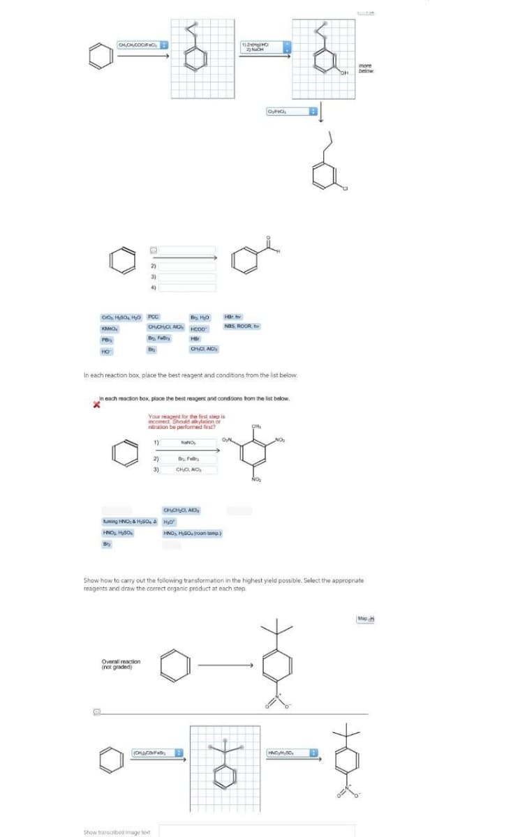 CH,CHCOCIFC,
2) NaCH
2)
3)
4)
Har. hy
NaS, ROOR
KMO,
CHCHCI AIC
PB
B Fellry
CHC AIO
In each reaction box, place the best reagent and conditions from the list below.
in each reaction box, place the best resgent and conditions from the list below.
Your reagent for the fiest slep is
incomect Should alkylation or
nration be performeid fest?
CH,
1)
NaNO
2)
B Fe
3)
CHC, NO
CHCHO AIO,
uming HNO, Hso, a HO
HND, HSO,
HNOS HSO roon temp.)
os TONH
B
Show how to carry out the following transformation in the highest yield possible. Select the appropriate
reagents and draw the correct organic product at each step.
de
Overall reaction
(not graded)
HNOMB0.
Show transcrbed image text
to
