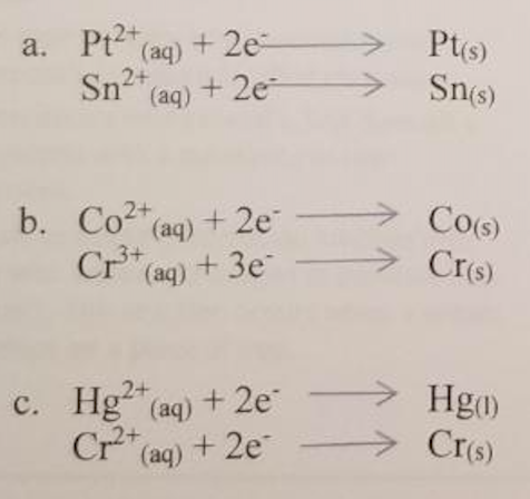 a. Pt (aq) + 2e-
Pts)
Sn2+
(aq)
+2e
Snes)
b. Co2* (ag) + 2e-
Cr* (aq) + 3e
Crs)
2+
c. Hg (aq) + 2e
Cr* (aq) + 2e
Hgo
> Cr(s)
.2+
