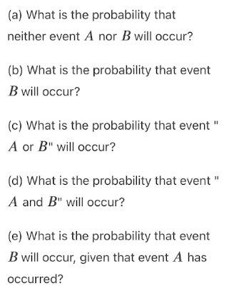 (a) What is the probability that
neither event A nor B will occur?
(b) What is the probability that event
B will occur?
(c) What is the probability that event "
A or B" will occur?
(d) What is the probability that event "
A and B" will occur?
(e) What is the probability that event
B will occur, given that event A has
occurred?
