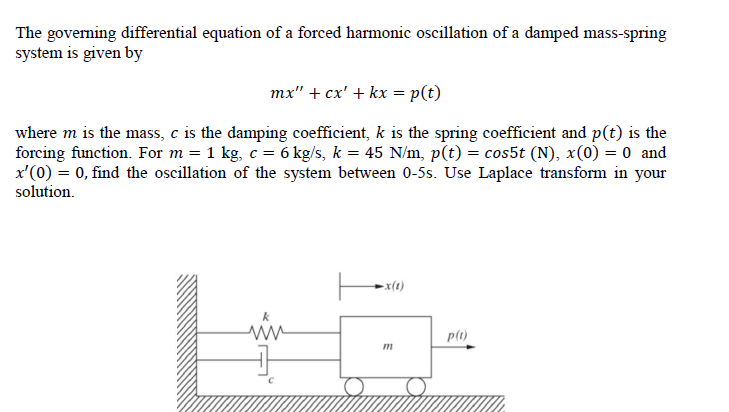 The governing differential equation of a forced harmonic oscillation of a damped mass-spring
system is given by
mx" + cx' + kx = p(t)
where m is the mass, c is the damping coefficient, k is the spring coefficient and p(t) is the
forcing function. For m = 1 kg, c = 6 kg/s, k = 45 N/m, p(t) = cos5t (N), x(0) = 0 and
x'(0) = 0, find the oscillation of the system between 0-5s. Use Laplace transform in your
solution.
-x(1)
ww
p(1)