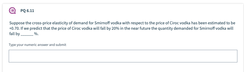 PQ 6.11
Suppose the cross-price elasticity of demand for Smirnoff vodka with respect to the price of Ciroc vodka has been estimated to be
+0.70. If we predict that the price of Ciroc vodka will fall by 20% in the near future the quantity demanded for Smirnoff vodka will
fall by.
%.
Type your numeric answer and submit
