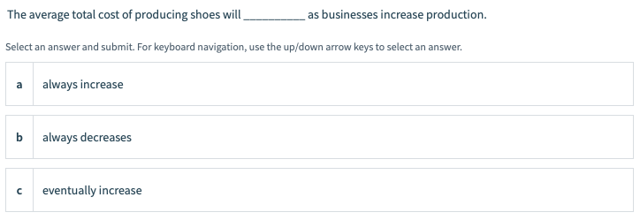 The average total cost of producing shoes will,
as businesses increase production.
Select an answer and submit. For keyboard navigation, use the up/down arrow keys to select an answer.
always increase
always decreases
eventually increase
