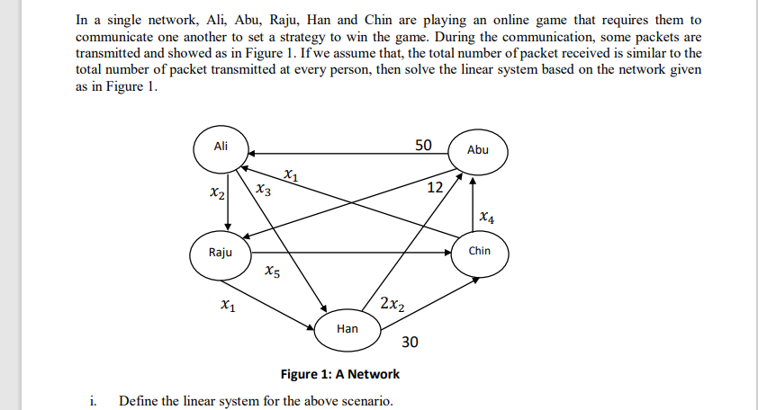 In a single network, Ali, Abu, Raju, Han and Chin are playing an online game that requires them to
communicate one another to set a strategy to win the game. During the communication, some packets are
transmitted and showed as in Figure 1. If we assume that, the total number of packet received is similar to the
total number of packet transmitted at every person, then solve the linear system based on the network given
as in Figure 1.
50
Abu
Ali
X1
X3
12
X2
X4
Chin
Raju
X5
2x2
X1
Han
30
Figure 1: A Network
i. Define the linear system for the above scenario.
