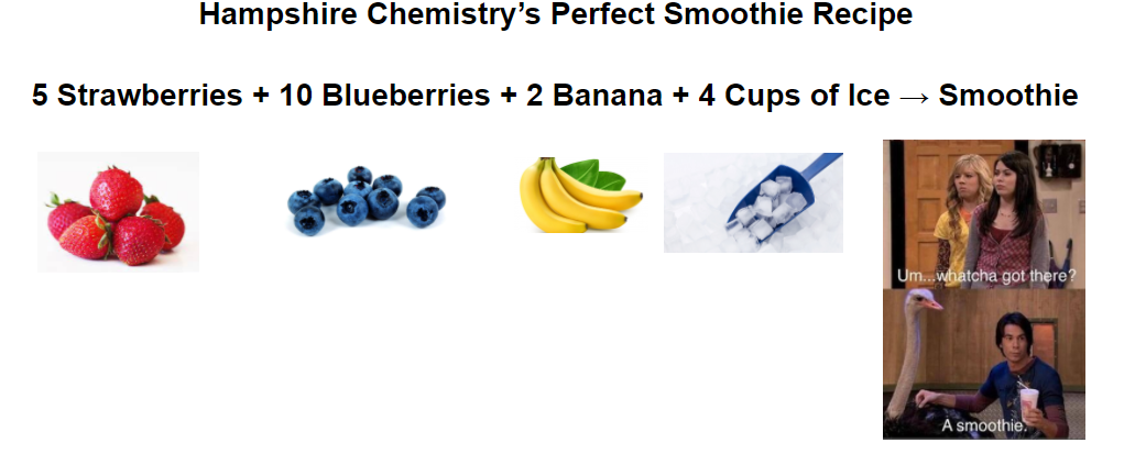 Hampshire Chemistry's Perfect Smoothie Recipe
5 Strawberries + 10 Blueberries + 2 Banana + 4 Cups of Ice → Smoothie
Um..whatcha got there?
A smoothie.
