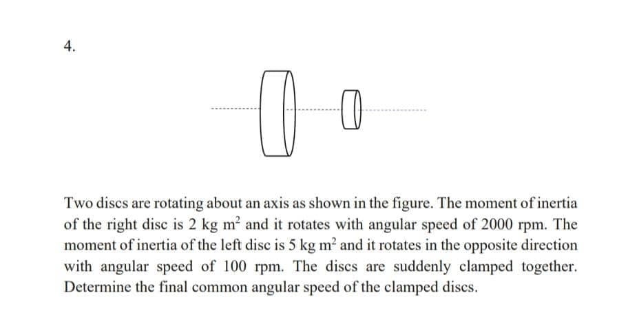 4.
Two discs are rotating about an axis as shown in the figure. The moment of inertia
of the right disc is 2 kg m? and it rotates with angular speed of 2000 rpm. The
moment of inertia of the left disc is 5 kg m? and it rotates in the opposite direction
with angular speed of 100 rpm. The discs are suddenly clamped together.
Determine the final common angular speed of the clamped discs.
