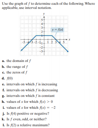 Use the graph of f to determine each of the following. Where
applicable, use interval notation.
y
5-
4
3-
y = flx)
2-
-5-3-2
1 235
-2-
-3-
a. the domain of f
b. the range of f
c. the zeros of f
d. (0)
e. intervals on which f is increasing
f. intervals on which f is decreasing
g. intervals on which f is constant
h. values of x for which f(x) > 0
i. values of x for which f(x) = -2
j. Is f(4) positive or negative?
k. Is f even, odd, or neither?
1. Is f(2) a relative maximum?
%3D
