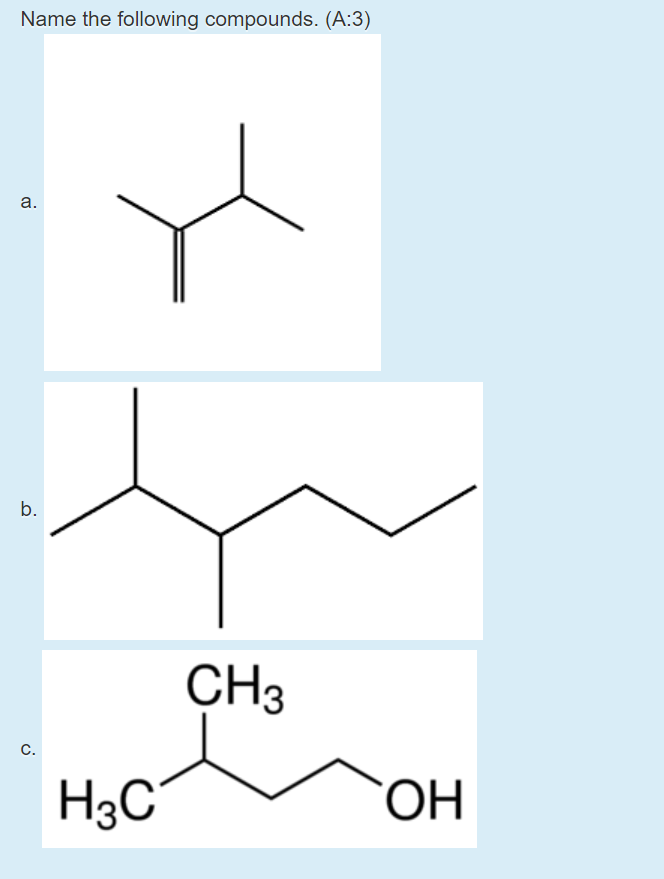 Name the following compounds. (A:3)
а.
b.
CH3
С.
H3C
ОН
