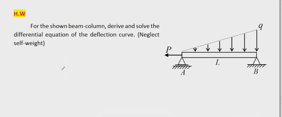 H.W
For the shown beam-column, derive and solve the
differential equation of the deflection curve. (Neglect
self-weight)
B
