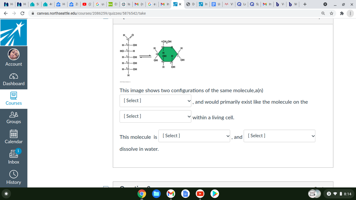 46
2 H
G
CI
8 Is M (n Ge
M In
VI
Q LE
Q S
M In
ь м
+
uv
A canvas.northseattle.edu/courses/2086259/quizzes/5876542/take
CH,OH
Hc-OH
HOc-H
H c-OH
он
OH
он
HC-OH
Account
OH
H C-OH
H
Dashboard
This image shows two configurations of the same molecule,a(n)
[ Select ]
v, and would primarily exist like the molecule on the
Courses
[ Select ]
within a living cell.
Groups
This molecule is
[ Select ]
, and
[ Select ]
Calendar
dissolve in water.
Inbox
History
3 •i 8:14
