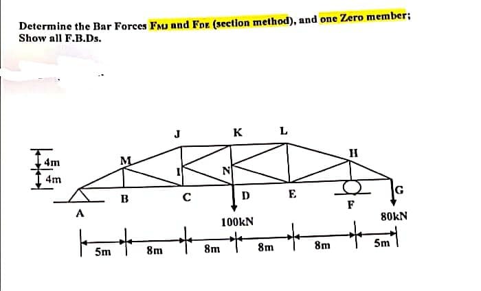 Determine the Bar Forces FMJ nnd FoE (section method), and one Zero member;
Show all F.B.Ds.
к
L
H
4m
M
N
4m
D
E
G
в
C
F
A
80KN
100KN
8m
8m
8m
5m
8m
