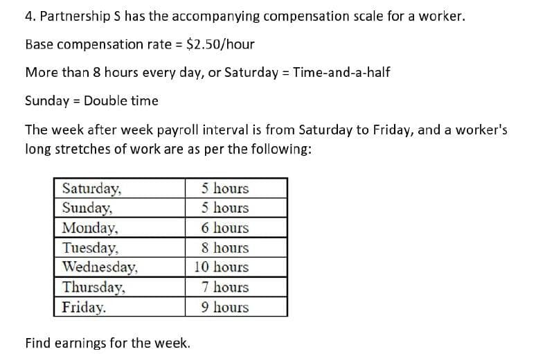 4. Partnership S has the accompanying compensation scale for a worker.
Base compensation rate = $2.50/hour
%3D
More than 8 hours every day, or Saturday = Time-and-a-half
Sunday = Double time
The week after week payroll interval is from Saturday to Friday, and a worker's
long stretches of work are as per the following:
5 hours
5 hours
Saturday,
Sunday,
Monday,
Tuesday,
Wednesday,
Thursday,
Friday.
6 hours
8 hours
10 hours
7 hours
9 hours
Find earnings for the week.
