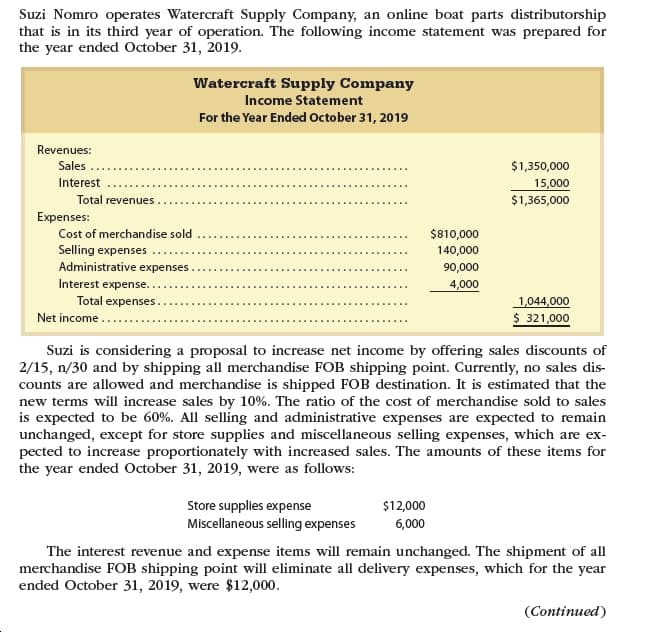 Suzi Nomro operates Watercraft Supply Company, an online boat parts distributorship
that is in its third year of operation. The following income statement was prepared for
the year ended October 31, 2019.
Watercraft Supply Company
Income Statement
For the Year Ended October 31, 2019
Revenues:
Sales
$1,350,000
Interest
15,000
Total revenues
$1,365,000
Expenses:
Cost of merchandise sold
$810,000
140,000
Selling expenses
Administrative expenses
90,000
Interest expense....
Total expenses.
4,000
1,044,000
$ 321,000
Net income..
Suzi is considering a proposal to increase net income by offering sales discounts of
2/15, n/30 and by shipping all merchandise FOB shipping point. Currently, no sales dis-
counts are allowed and merchandise is shipped FOB destination. It is estimated that the
new terms will increase sales by 10%. The ratio of the cost of merchandise sold to sales
is expected to be 60%. All selling and administrative expenses are expected to remain
unchanged, except for store supplies and miscellaneous selling expenses, which are ex-
pected to increase proportionately with increased sales. The amounts of these items for
the year ended October 31, 2019, were as follows:
Store supplies expense
Miscellaneous selling expenses
$12,000
6,000
The interest revenue and expense items will remain unchanged. The shipment of all
merchandise FOB shipping point will eliminate all delivery expenses, which for the year
ended October 31, 2019, were $12,000.
(Continued)

