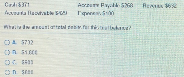 Cash $371
Accounts Payable $268
Expenses $100
Accounts Receivable $429
What is the amount of total debits for this trial balance?
OA. $732
OB. $1,800
O C. $900
O D. $800
Revenue $632
Libe
Para