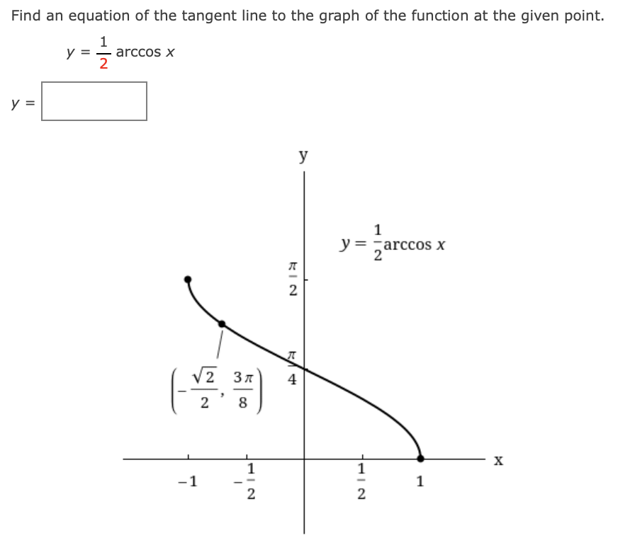 Find an equation of the tangent line to the graph of the function at the given point.
y =
arccos x
2
y =
y
1
y = arccos x
V2 37
4
8
X
1
1
-1
1
2
2
KIN
2.
