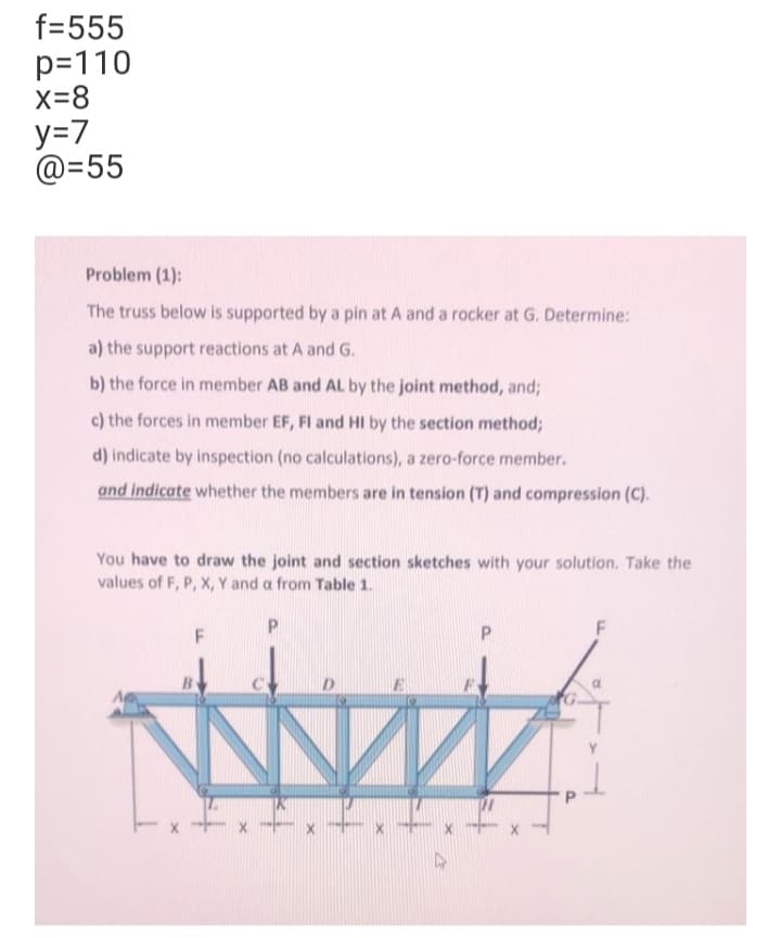 f=555
p=110
x=8
y=7
@=55
Problem (1):
The truss below is supported by a pin at A and a rocker at G. Determine:
a) the support reactions at A and G.
b) the force in member AB and AL by the joint method, and;
c) the forces in member EF, FI and HI by the section method;
d) indicate by inspection (no calculations), a zero-force member.
and indicate whether the members are in tension (T) and compression (C).
You have to draw the joint and section sketches with your solution. Take the
values of F, P, X, Y and a from Table 1.
