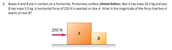 3. Boxes A and B are in contact on a horizontal, frictionless surface (shown below). Box A has mass 20.0 kg and box
B has mass 5.0 kg. A horizontal force of 250 N is exerted on box A. What is the magnitude of the force that box A
exerts on box B?
250 N
A
B