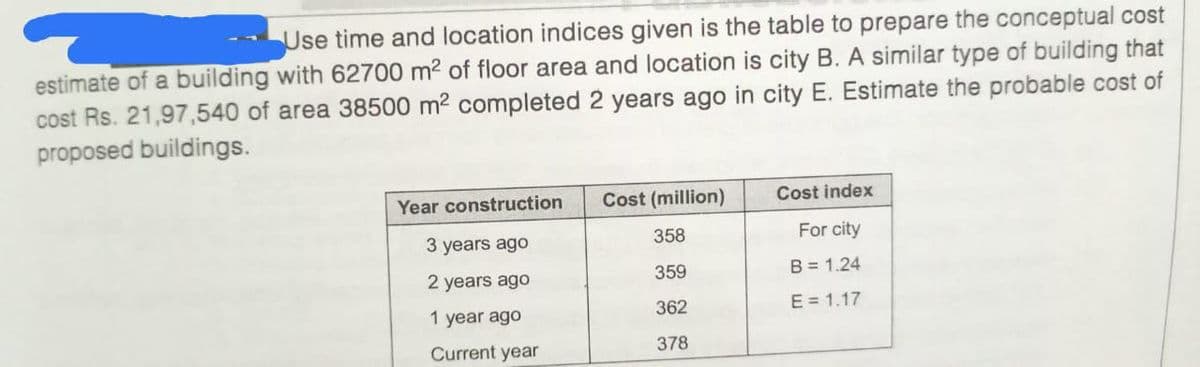 Use time and location indices given is the table to prepare the conceptual cost
estimate of a building with 62700 m² of floor area and location is city B. A similar type of building that
cost Rs. 21,97,540 of area 38500 m² completed 2 years ago in city E. Estimate the probable cost of
proposed buildings.
Year construction
3 years ago
years ago
1 year ago
Current year
Cost (million)
358
359
362
378
Cost index
For city
B = 1.24
E = 1.17