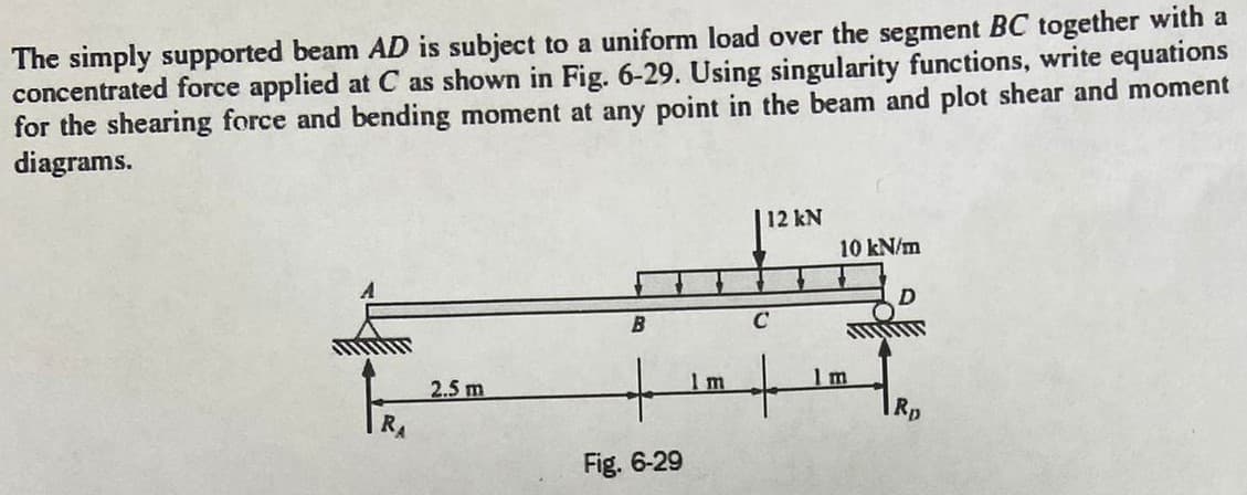 The simply supported beam AD is subject to a uniform load over the segment BC together with a
concentrated force applied at C as shown in Fig. 6-29. Using singularity functions, write equations
for the shearing force and bending moment at any point in the beam and plot shear and moment
diagrams.
| 12 kN
10 kN/m
D
2.5 m
1m
1 m
Rp
Fig. 6-29
